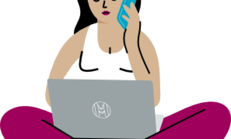 Graphic of avatar woman sitting on laptop