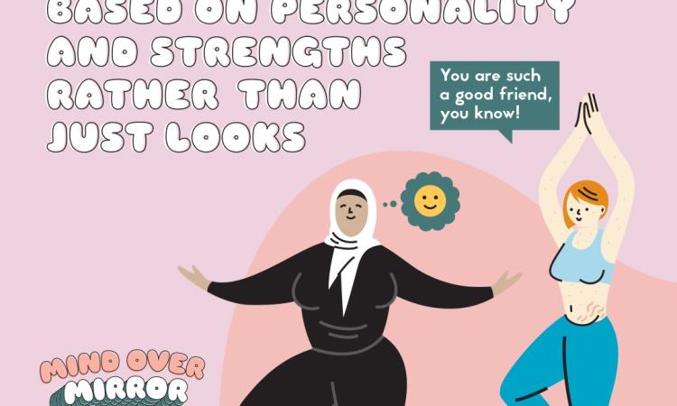 Two women doing yoga, one complimenting the other on their personality