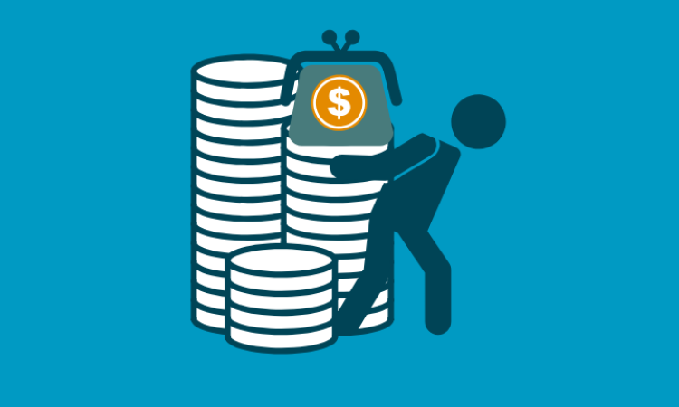 Graphic of a stickperson with a pile of coins and a money purse
