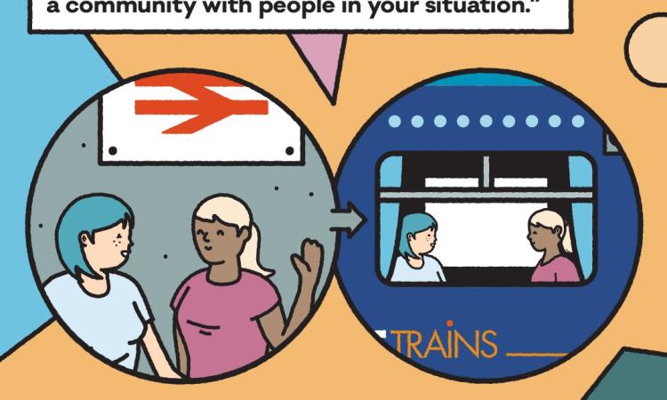 The image displays a quote from the blog: "As a commuting student, it can be easy to feel isolated and shut off from campus. A commuter group can help you be part of a community with people in your situation". The image shows illustrations of people commuting to university.