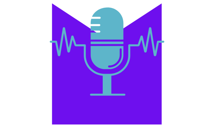 Podcast icon over M shaped graphic