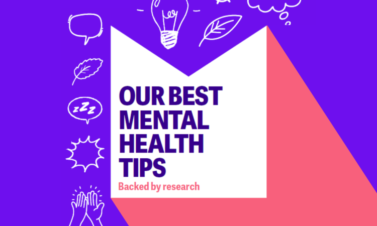 M-shaped graphic containing text reading Our best mental health tips. The graphic is surrounded by hand drawn illustration representing some things that can support your mental health