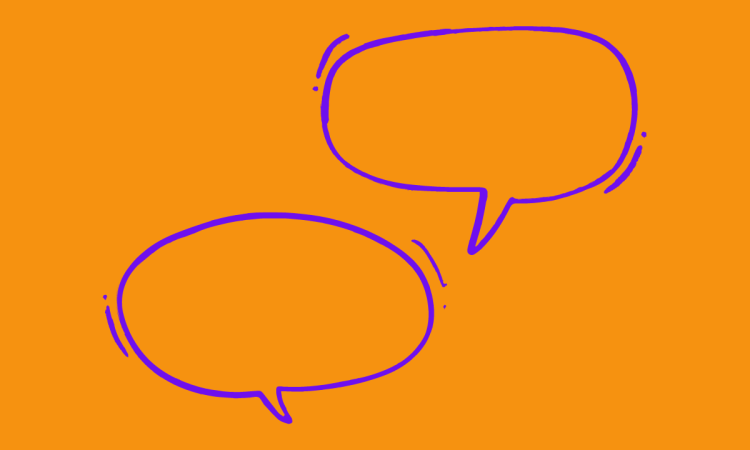 Illustration of two purple speech bubbles on an orange background