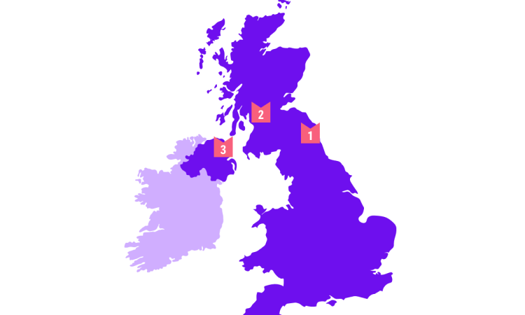 A map of the UK and Ireland showing three locations, numbered 1 (on the east coast of northern England), 2 (on the west coast of Scotland) and 3 (in Northern Ireland)