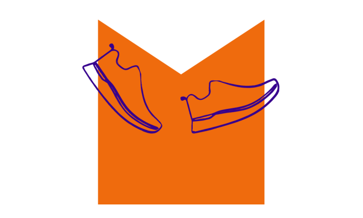 Drawing of trainers overlaying M shaped graphic