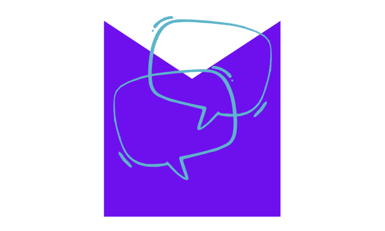 Overlapping speech bubbles on an M shaped graphic