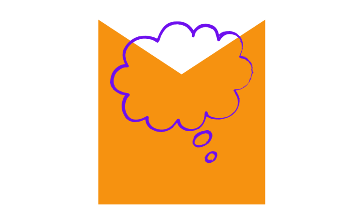 Thought bubble over M shaped graphic