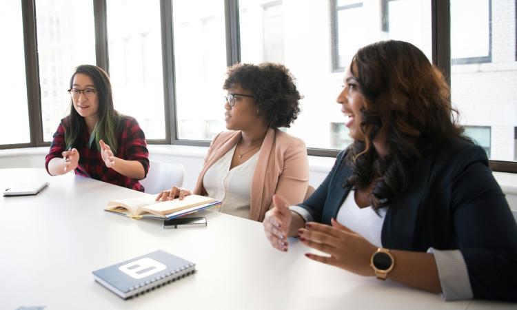 Three women sitting at a table in a meeting, in front of a couple of them on the desk are notebooks