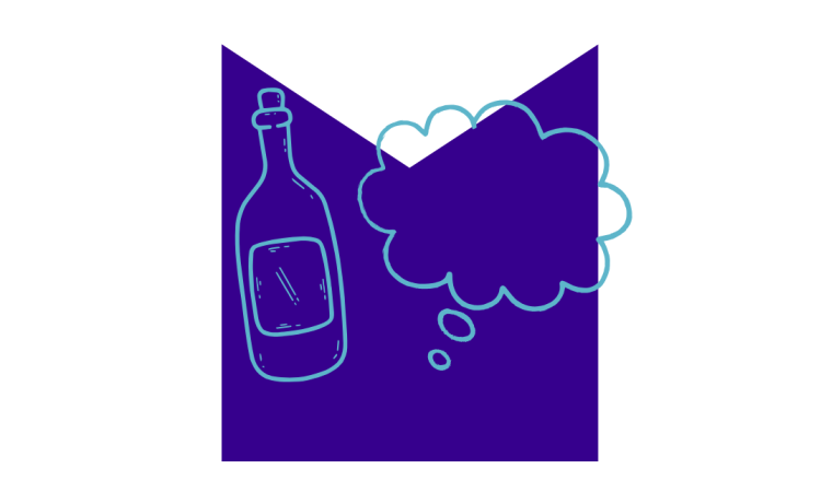 Drawing of bottle and thought bubble on M shaped graphic