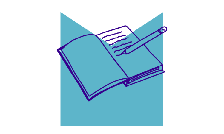 Drawing of open notebook and pen