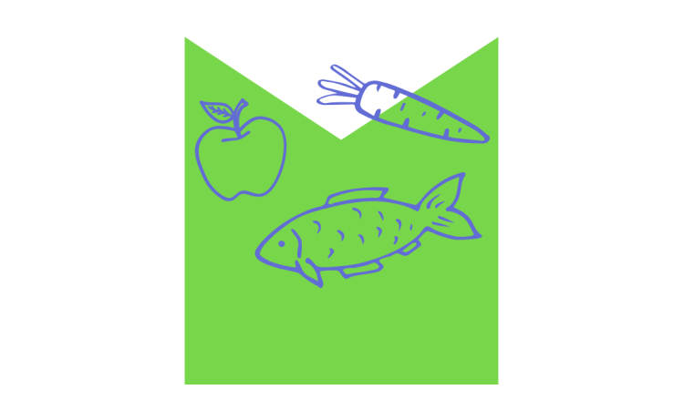 Drawings of food on an M shaped graphic