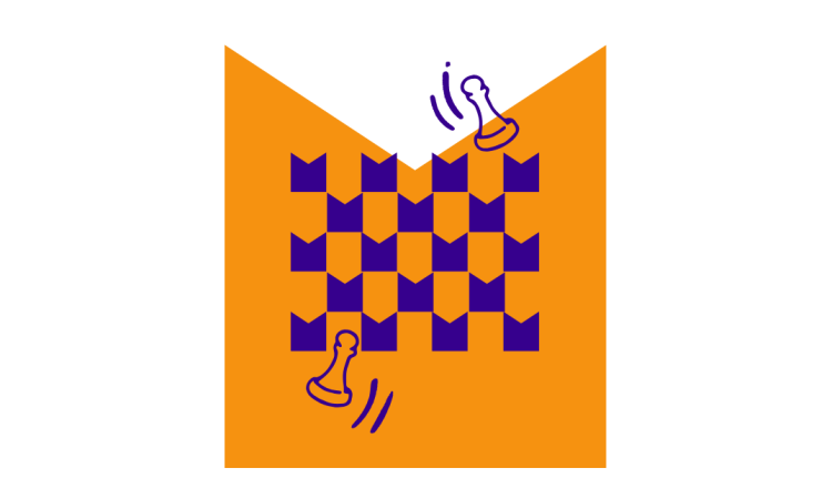 A sketch of a chess board, on an orange M shaped graphic