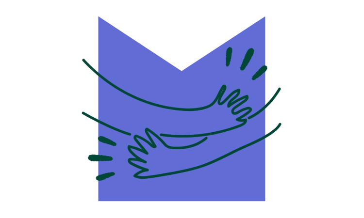 A sketch of a hug, on a lilac M shaped graphic