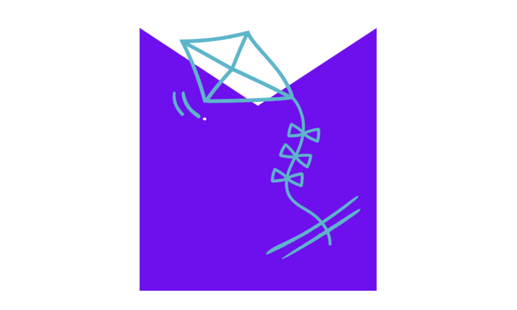 A drawing of a kite, on a lilac M shaped graphic