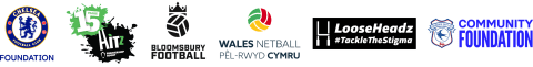 Logos for Chelsea FC, Hitz Premiership Rugby, Bloomsbury Football, Wales Netball, Loose Headz andCardiff City FC,
